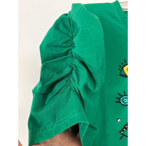 Women’s Emerald Green Evil Eye Puff Sleeve Tee, Everlynn Apparel, Large - Picture 3 of 8